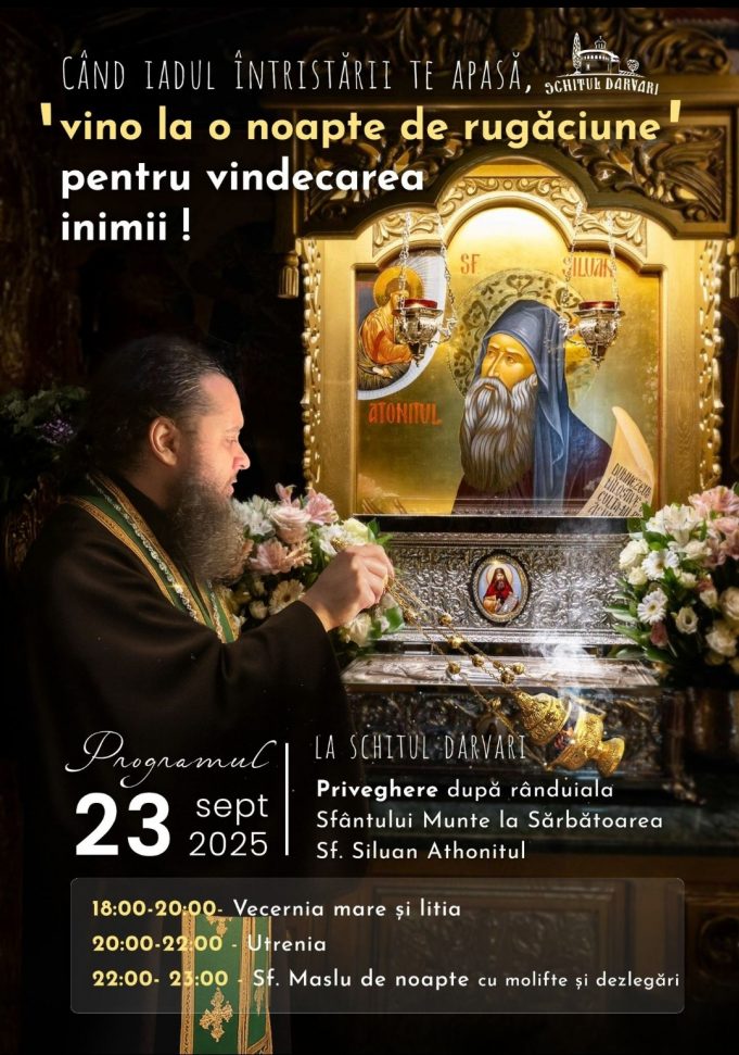 Sf. Siluan, „Mare Titan al Duhului”: Invitație la Privegherea de la Schitul Darvari pentru vindecarea sufletului – Cuvintele Pr. Arsenie
