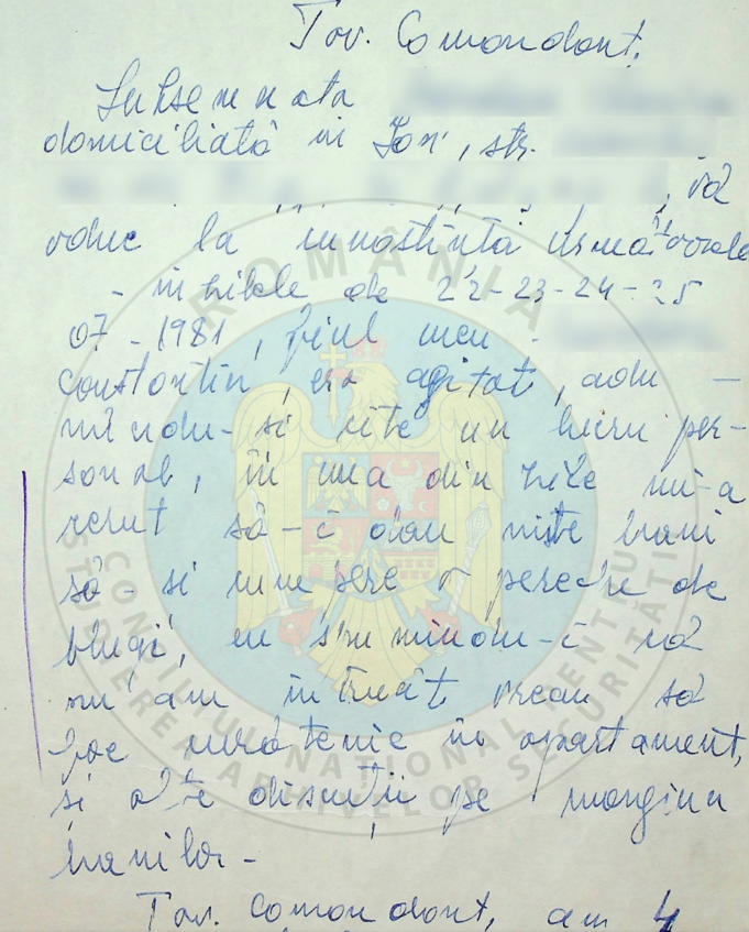 „Delațiuni a la carte”- Fiu turnat de mamă la Securitate, la începutul anilor ’80 – „cnsas-facebook.com”