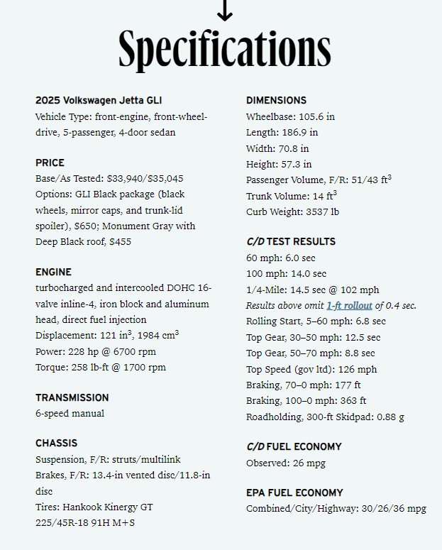 2025 vw jetta gli specifications