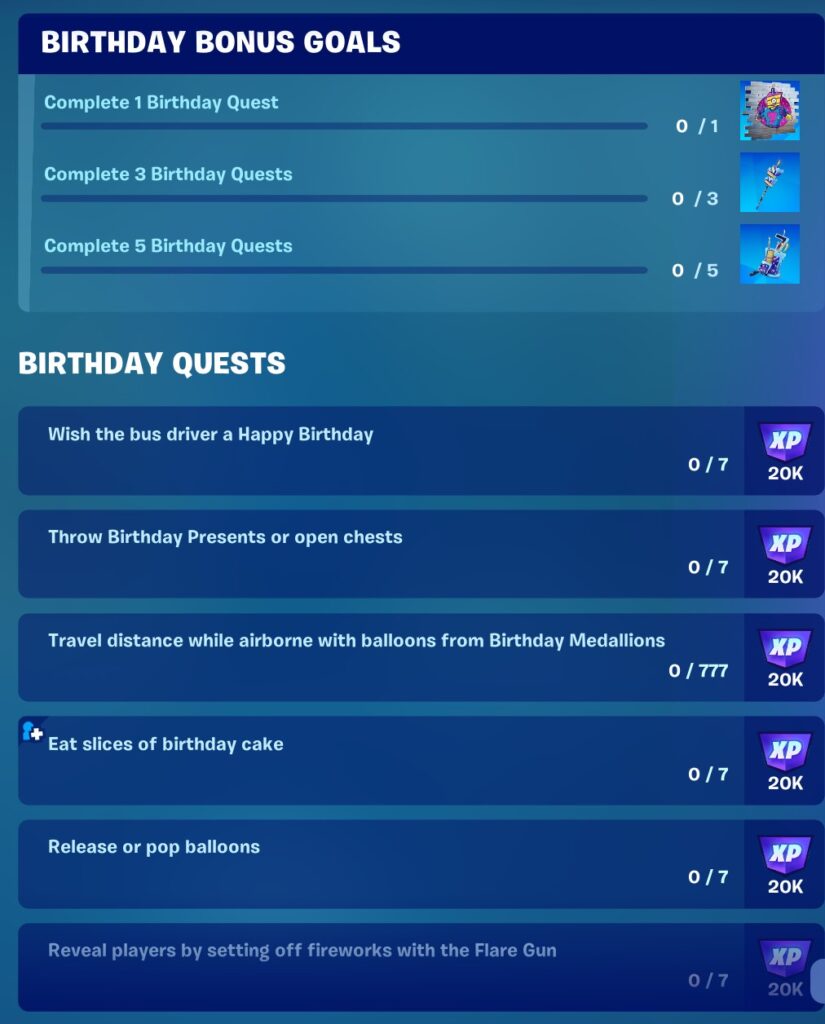 fortnite 7th birthday to battle royale, bonus goals